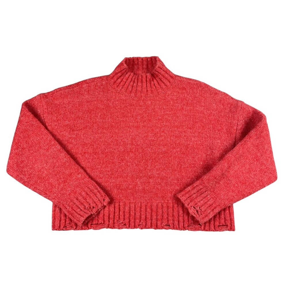 New In Womens Red Cropped Mock Neck Cozy Distressed Sweater Sz Large